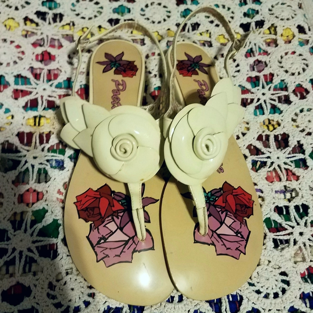 Poetic License "My Haven" Nude Beige Flower Leather Slingback Sandals Flat Shoes - Picture 10 of 15